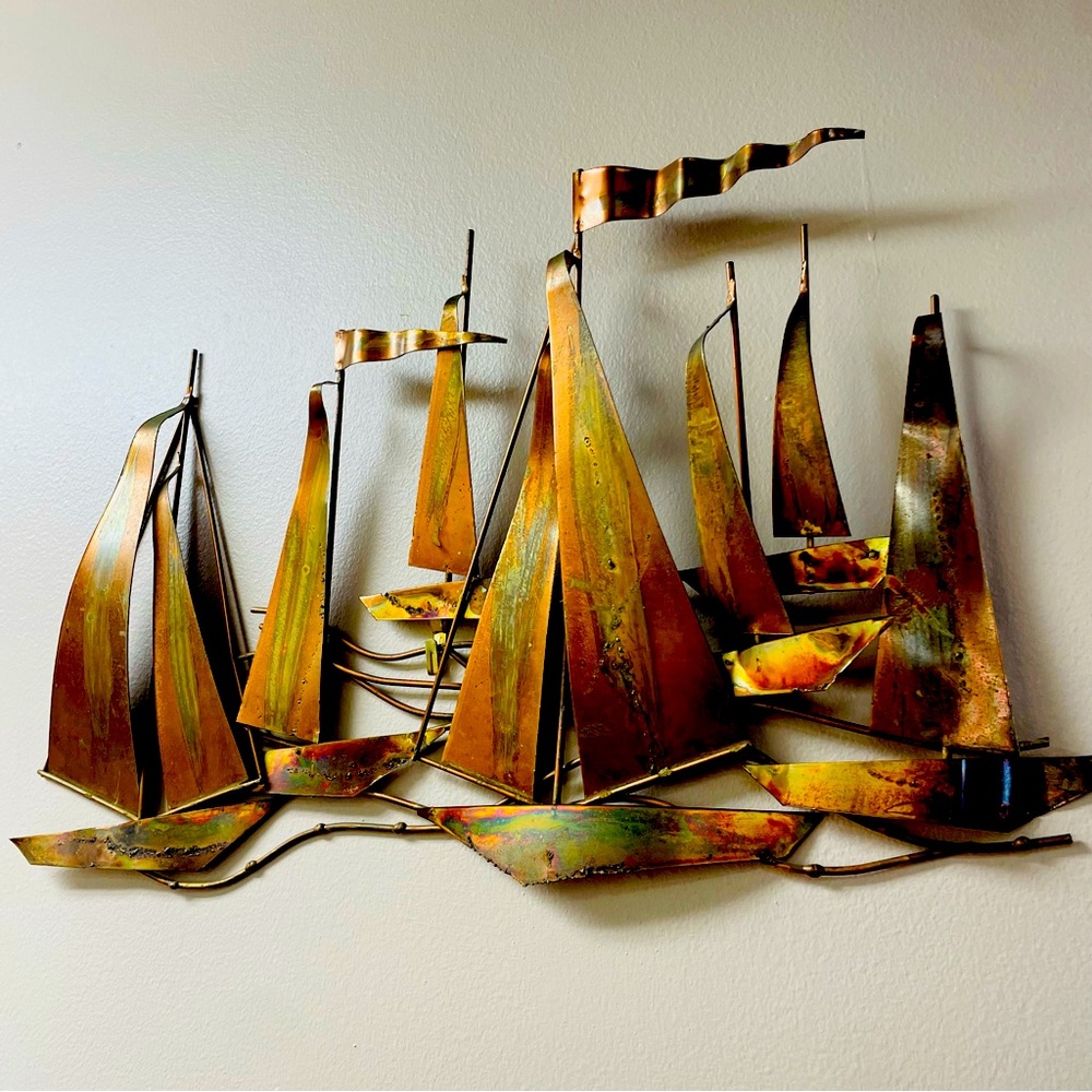 Vintage 1970s MCM Tin Brass Copper Sailboat Wall Art - light weight